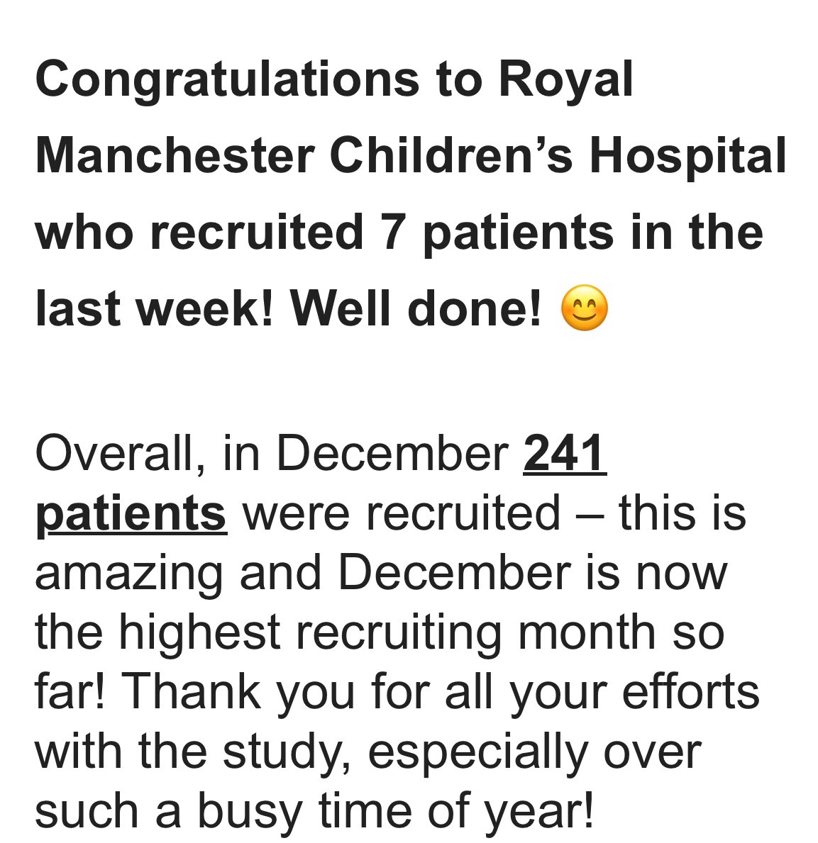 Amazing recruitment for December 241 children ! Fantastic effort to all 16 sites open …. @ICNARC @NIHRresearch @pus27