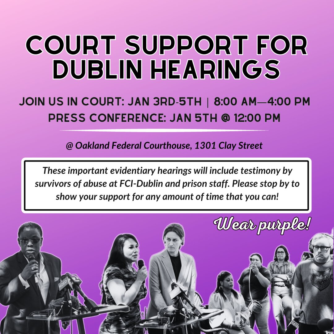 Join us at Oakland Federal Courthouse this Friday @ NOON for a press conference re: our class action lawsuit against Dublin and important hearings currently taking place. If you're free, stop by for court support anytime today thru Friday! 💜