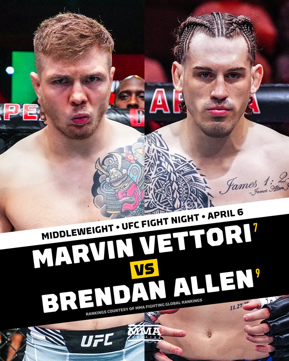 Marvin Vettori vs. Brendan Allen is booked for April 6 🍿  📰 bit.ly/VettoriAllen