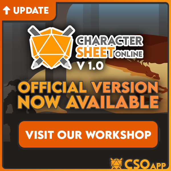 CSOapp's tweet image. 🇬🇧 The official version of CSO is available. Share your creations and test those of the community thanks to our workshop!🌎

🇫🇷 La version officielle de CSO est disponible. Partagez vos créations et testez celles de la communauté grâce au workshop !🌎

charactersheetonline.com/workshop?type=…
