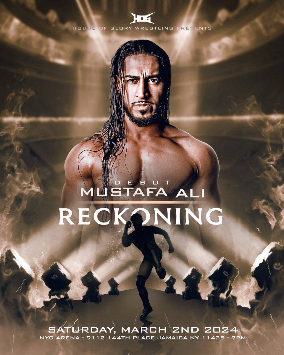 HOGwrestling's tweet image. BREAKING 🚨🚨🚨

Saturday, March 2nd, former WWE Superstar Mustafa Ali makes his HOG debut at #Reckoning !!! @MustafaAli_X 

Join us LIVE | Tickets Available NOW ⬇️
tickettailor.com/events/houseof…