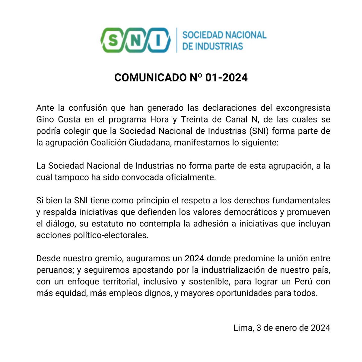 📣 La Sociedad Nacional de Industrias comunica a la ciudadanía: