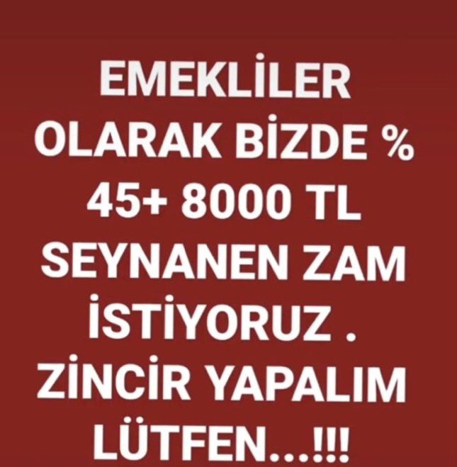 NerminSekin1's tweet photo. Emekliler oralak  bizde %45+8000 TL Seyyanen zam istiyoruz.

RT Yapıp..Zincir yapıp paylaşalım lütfen...

#EmeklidenRest #emekliler #enflasyon #MemuraYüzde85Zam https://t.co/vB8pFhbNge
