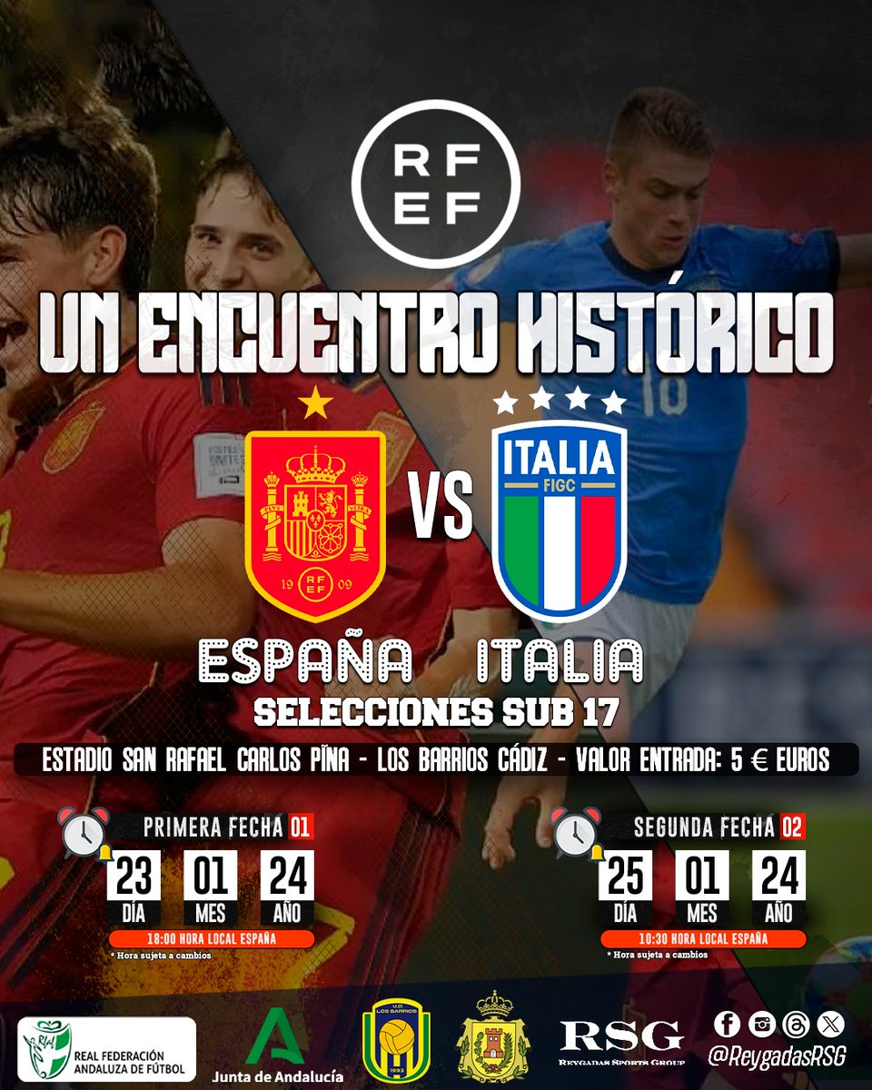 UDLosBarriosFC's tweet photo. ¡GRAN ACONTECIMIENTO!
La Selección sub17 jugará dos partidos frente a Italia en el Carlos Piña, el 23 y 25 de enero.
La #UDLosBarrios, @ReygadasRSG, @rfef, @RFAF, @AndaluciaJunta y #AyuntamientoLosBarrios lo han hecho posible.
¡#JuntosHaremosHistoria!
#SeleccionEspañolaSub17 https://t.co/wWIzKfcx4A