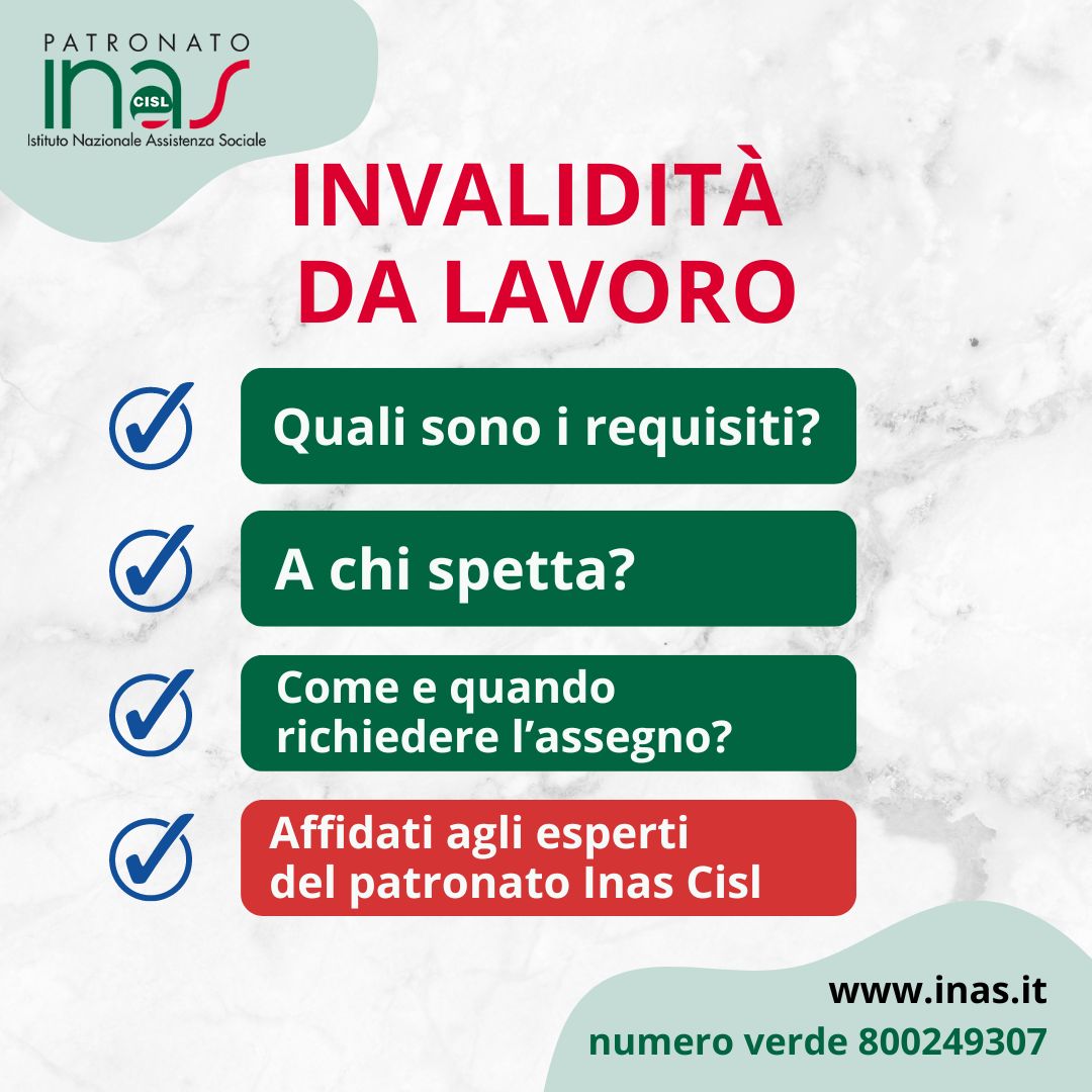Inas Cisl (@inascisl) on Twitter photo Hai diritto a ricevere l’assegno ordinario di #invalidità da lavoro?
Per tutte le info e per inviare la tua domanda, affidati ai nostri esperti
Per saperne di più ➡ inas.it/invalidita-da-…
➡ numero verde 800249307 Hai diritto a ricevere l’assegno ordinario di #invalidità da lavoro?
Per tutte le info e per inviare la tua domanda, affidati ai nostri esperti
Per saperne di più ➡ inas.it/invalidita-da-…
➡ numero verde 800249307