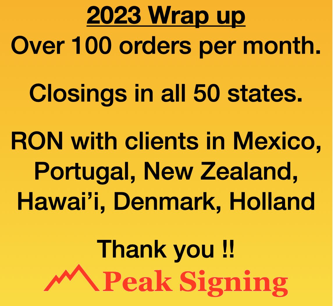 PeakSigning's tweet photo. THANK YOU to all of our clients and notaries for an awesome 2023. We appreciate you more than you know. We're excited for 2024 🥂🍾 https://t.co/XJ0xWDJMCi