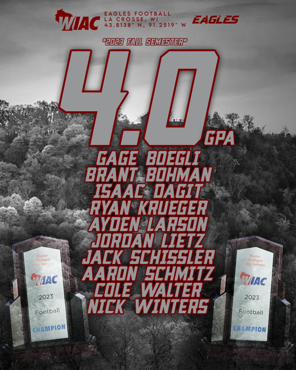 UWLEagleFB's tweet image. Congrats to these guys who earned 4.0 GPAs this Fall Semester! Hard work in the classroom does not got unnoticed! 🦅🏈

#TheExperience #d3fb #uwlfootball