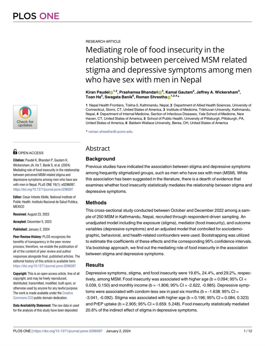 Shrestha_Lab's tweet photo. Hot of the press:
Our new study published on @PLOSONE found that depression among MSM in #Nepal is caused by a combination of factors, including #food_insecurity and #stigma, rather than by either of these factors independently.
Read the full text here: https://t.co/0nCB6AbSfT https://t.co/mpd75DhB3n