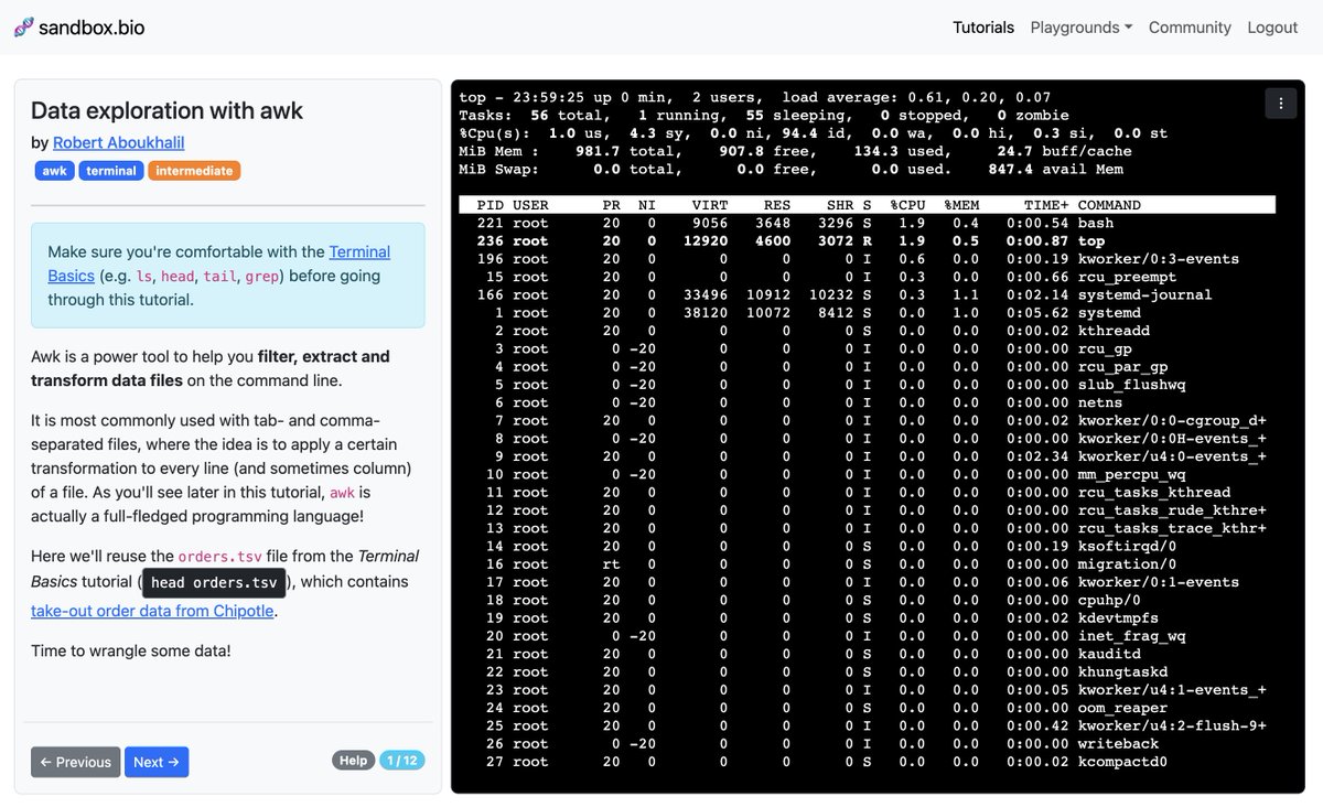 🧑‍💻 Happy to announce that sandbox.bio v2 has been released! Same bioinformatics tutorials, but now powered by Linux running in your browser. Stay tuned, we'll be adding lots more tutorials this year.