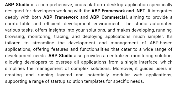 mtozdemir's tweet photo. ABP Studio is approaching and we will approve the lucky beta tester applications soon.
Check for more https://t.co/DLgRWBwC6K
#abpstudio #abpframework #abpcommercial #dotnet @abpframework @abpcommercial
Briefly, ABP Studio is --> https://t.co/J1y6VKVHoO
