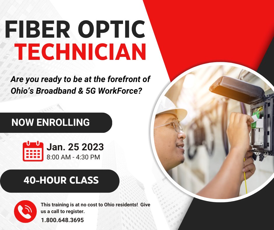 AdultTech's tweet image. It&apos;s back on Jan. 25.  FREE - Fiber Optic Technician training at no cost for any resident of Ohio.  5-days/40-hours.