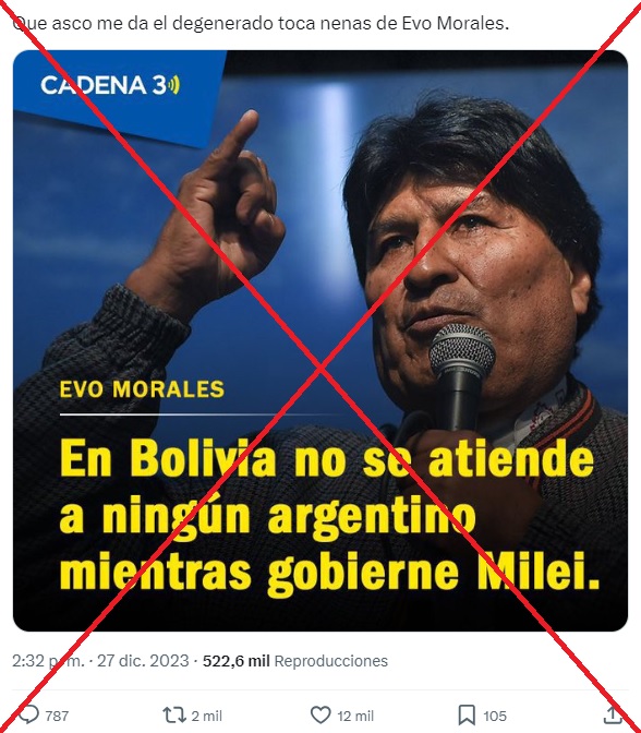 ❌ El medio @Cadena3Com no publicó una placa de Evo Morales 🇧🇴 junto a la supuesta cita: 'En Bolivia no se atiende a ningún argentino mientras gobierne Milei'. 🇦🇷 La imagen muestra inconsistencias gráficas y la emisora negó su autenticidad. ➡ u.afp.com/MoralesArgenti…