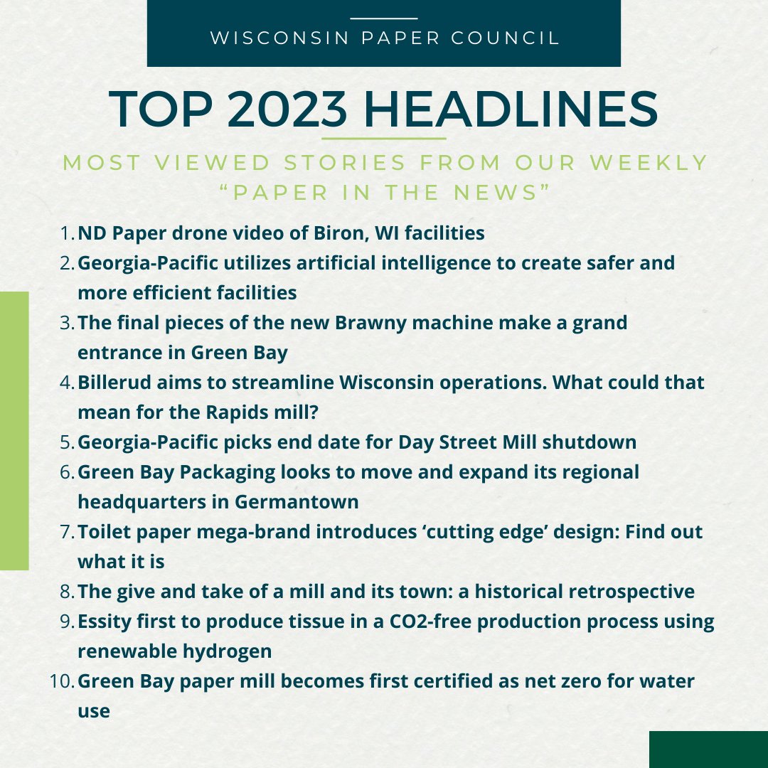 WisconsinPaper's tweet photo. Your 2023 WI paper industry wrap-up is here! These are the most-viewed news stories we shared with our "Paper in the News" subscribers in 2023.

Find more articles like these on our website at https://t.co/3oG8EyNoAC &amp; subscribe to get news delivered weekly to your inbox! https://t.co/BhNJTQlD9b