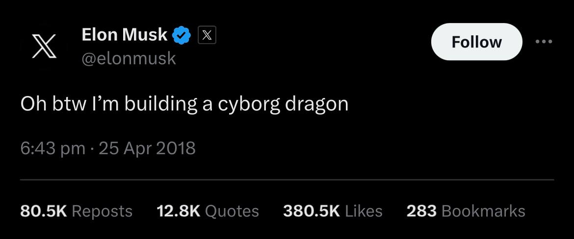 BreakingPulse77's tweet photo. @CyborgDragonSol Great $cyborg #cyborgdragon @elonmusk https://t.co/wOOQwLet7E
