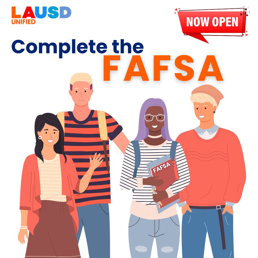 #LAUSD Students applying for financial aid for 2024-25 are now able to submit the Free Application for Federal Student Aid (FAFSA). Visit studentaid.gov for more information. @LAschoolsSouth @drespicer88 @lausdbd7 @DrGeorgeMcKenna @Jackie4LAUSD