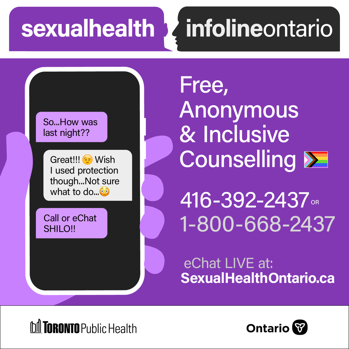 #SexualHealth stigma & discrimination can make it hard to seek information, support or referrals. SHILO is a free, anonymous & inclusive sexual health counselling service for everyone in Ontario. Call 416-392-2437 (TTY 1-800-668-2437) or eChat at SexualHealthOntario.ca