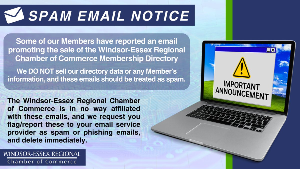 As there are still reports of people claiming to sell our directory data, we would again like to remind everyone the <a href="/WERCofC/">Windsor Essex Chamber of Commerce</a> does NOT sell this information, and these emails should be reported to your email provider.

Be careful and stay safe!

#InternetSafety #WindsorBusiness