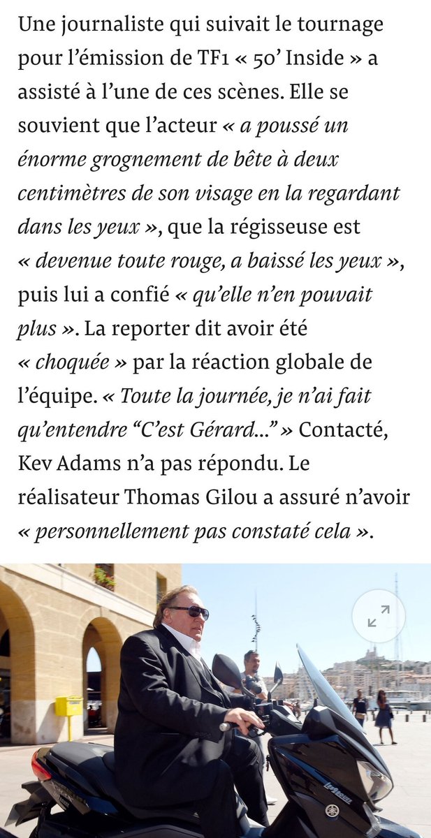 Kev Adams ne dit pas que sur le tournage de 'Maison de retraite' film qu'il a écrit et co-produit avec TF1, une auxiliaire de régie, 25 ans a l'époque, raconte à @Mediapart comment en 2022 Gérard Depardieu l'avait 'coincée' sur le tournage avec ces mots ⤵️ twitter.com/NassiraELM/sta…