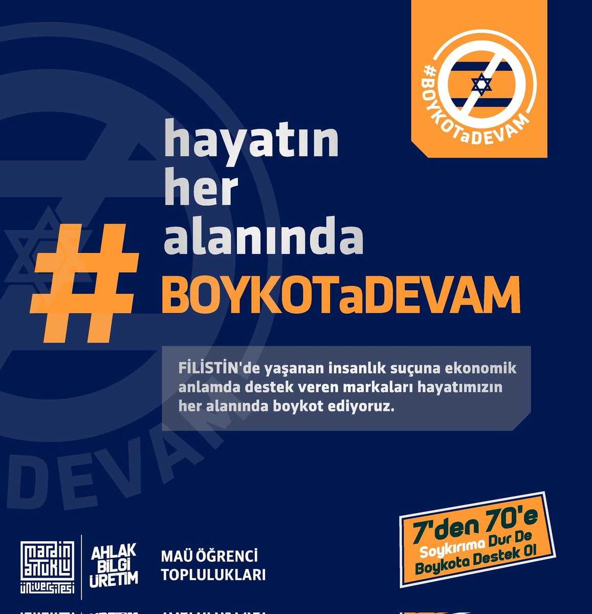 Öğrencilerimizde ve kamuoyunda gelişen ortak hassasiyete kurumsal duruşumuz gereği katkı ve siyonist işgale karşı Filistin halkının mücadelesine destek için MAÜ Öğrenci Topluluklarımızla birlikte #BOYKOTaDEVAM diyoruz.
⛔
<a href="/erolozvar/">Erol Özvar</a>
<a href="/ibrahimozcosar/">ibrahim özcoşar</a>