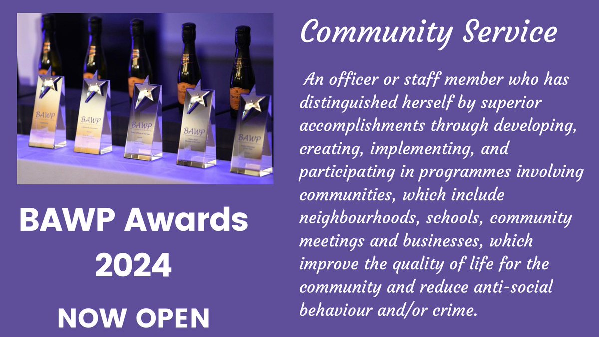 Do you know someone who deserves this? Our BAWP Awards 2024 are open and this is one of our categories! To enter your nomination (it’s easy!!)… head to BAWP website and click on Awards to find the nomination form! #bawp #bawpawards #bawpawards2024 #womeninpolicing