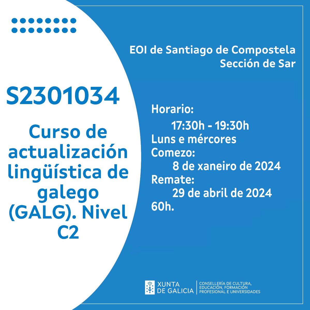 🔇Últimas prazas‼️
📢Buscas formación orientada a ter un bo dominio do noso idioma? Velaquí o tes, Curso de actualización lingüística de galego (GALG). Nivel C2
💪Fprofe S2301034
6⃣0⃣h
2⃣0⃣prazas
🗓️luns e mércores
Comezo: 8 xaneiroa  29 abril
⏰De 17:30 - 19:30h
EOI de Santiago