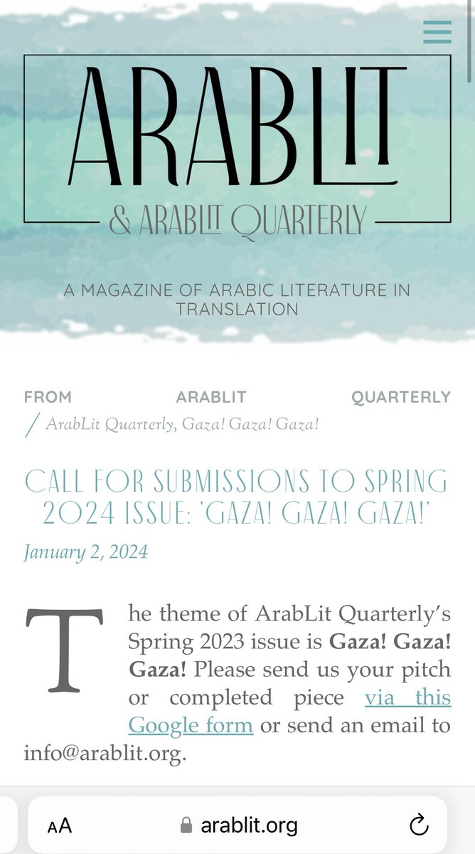 The theme for <a href="/arablit/">ArabLit & ArabLit Quarterly @arablit.bsky.social</a>’s forthcoming spring issue is Gaza. For more information on how to submit poems, essays, translations, or other creative works: arablit.org/2024/01/02/cal…