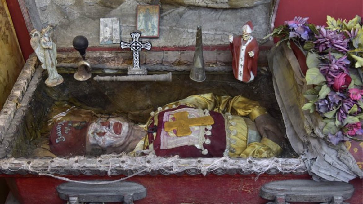 Meet the preserved body of Achile Chatouilleu, a 112-year-old clown, showcased at the California Institute of Abnormal Arts.