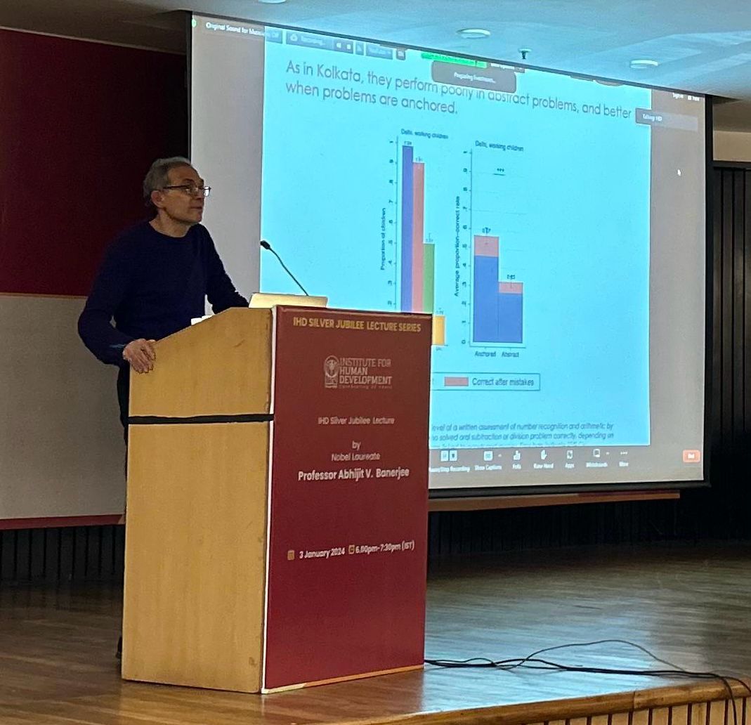 TweetIHD's tweet photo. Join #NobelLaureate Prof. #AbhijitBanerjee for a deep dive into "Street Smart vs School Smart" in math education. Tune in now: https://t.co/LiOIuEnat1
#IHDSilverJubileeLecture #MathEducation #LiveLecture #EducationReform https://t.co/uzW225RV0G