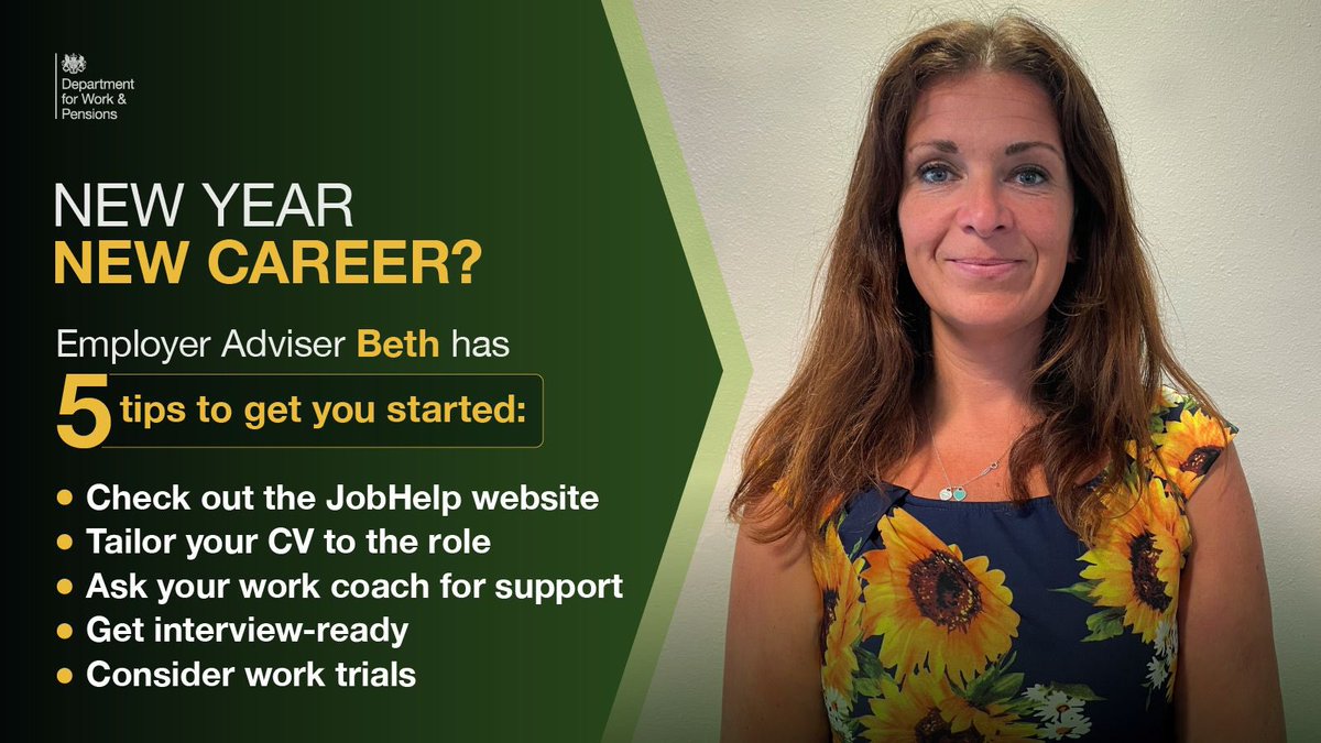 MelJStride's tweet image. If you're beginning the new year looking for a new role, our DWP Employer Adviser Beth has provided some helpful tips👇👩💼   
For more information, visit our #JobHelp site.   
➡️jobhelp.campaign.gov.uk/looking-for-th…   #NewYearNewCareer