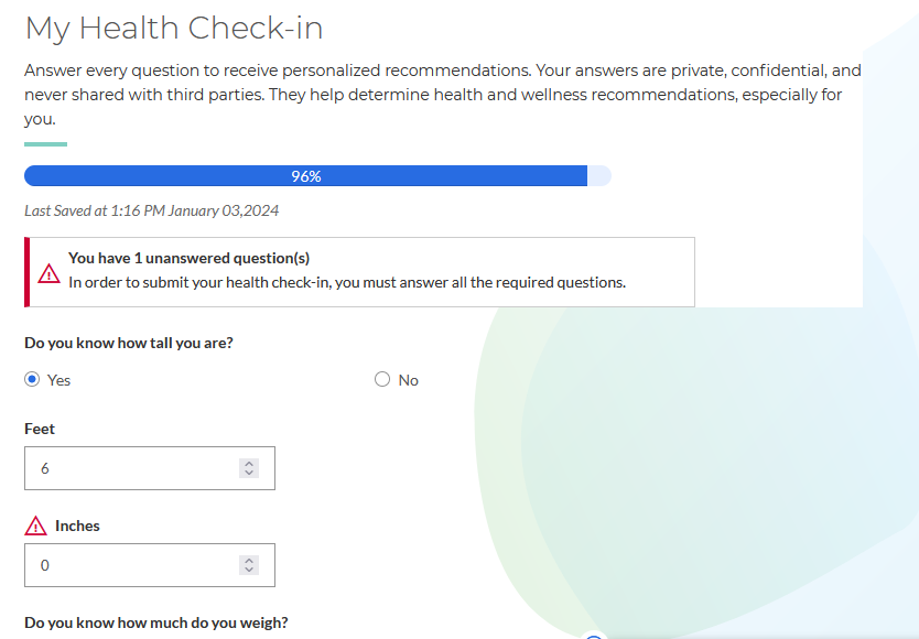 mandreko's tweet photo. @AnthemBCBS You may want to fix your validation on your "Health Profile" survey. It won't let you put in "0" for inches of height. I thought I'd get around it with 5'12", but it won't let you enter a "12" either. It insultingly asks you to enter a "0", which doesn't validate. https://t.co/fCGRKYEvtM