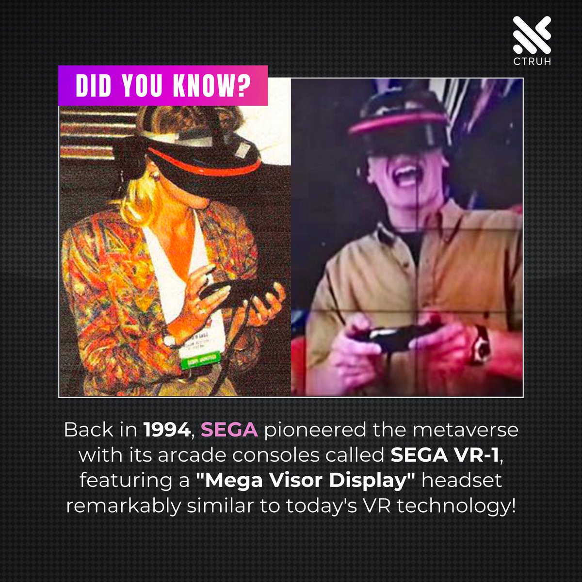HelloCtruh's tweet photo. Time-traveling through gaming history! Did you know SEGA sparked the metaverse flame in 1994 with the VR-1 arcade console? Fast forward to today's VR tech - the future is now!

#didyouknow #ctruh #trending #sega #metaverse #gaming #AR #XR #VR https://t.co/oKcAfmiwSi