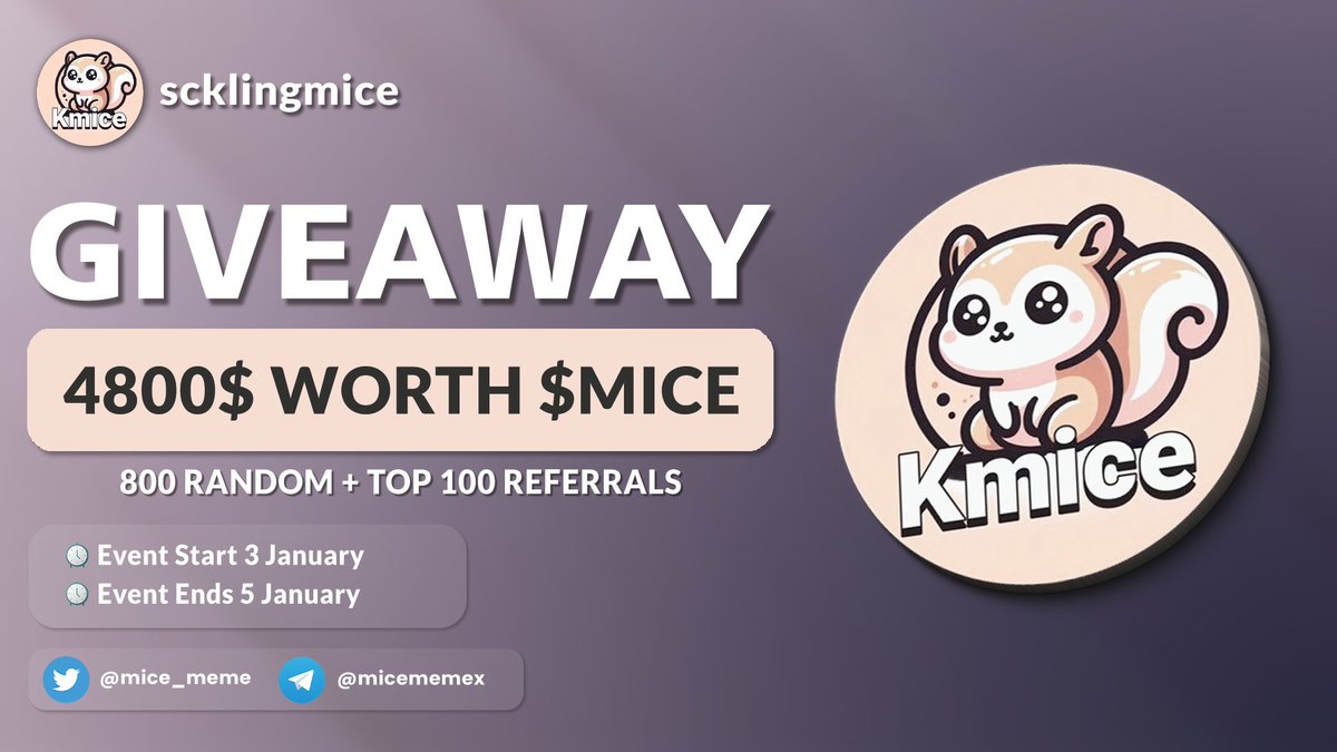 🔥 Mice Airdrop Event 

🎁 Total Airdrop Pool $4800 Worth $MICE Token 

✅ Airdrop Link
t.me/MICETokenAirdr…

#Airdrops #Giveaway #crypto #airdropcrypto #airdrop