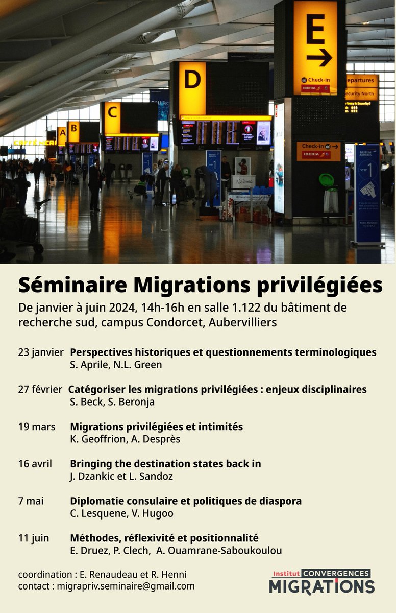 [#migrapriv] Très heureux·ses de dévoiler le programme 2024 du séminaire <a href="/ICMigrations/">Institut Convergences Migrations</a> "Migrations internationales privilégiées". C'est un mardi par mois sur Zoom &amp; au <a href="/CampusCondorcet/">Campus Condorcet</a>, et c'est ouvert à tout le monde. À vos agendas !
🔗 migrapriv.hypotheses.org/category/evene…