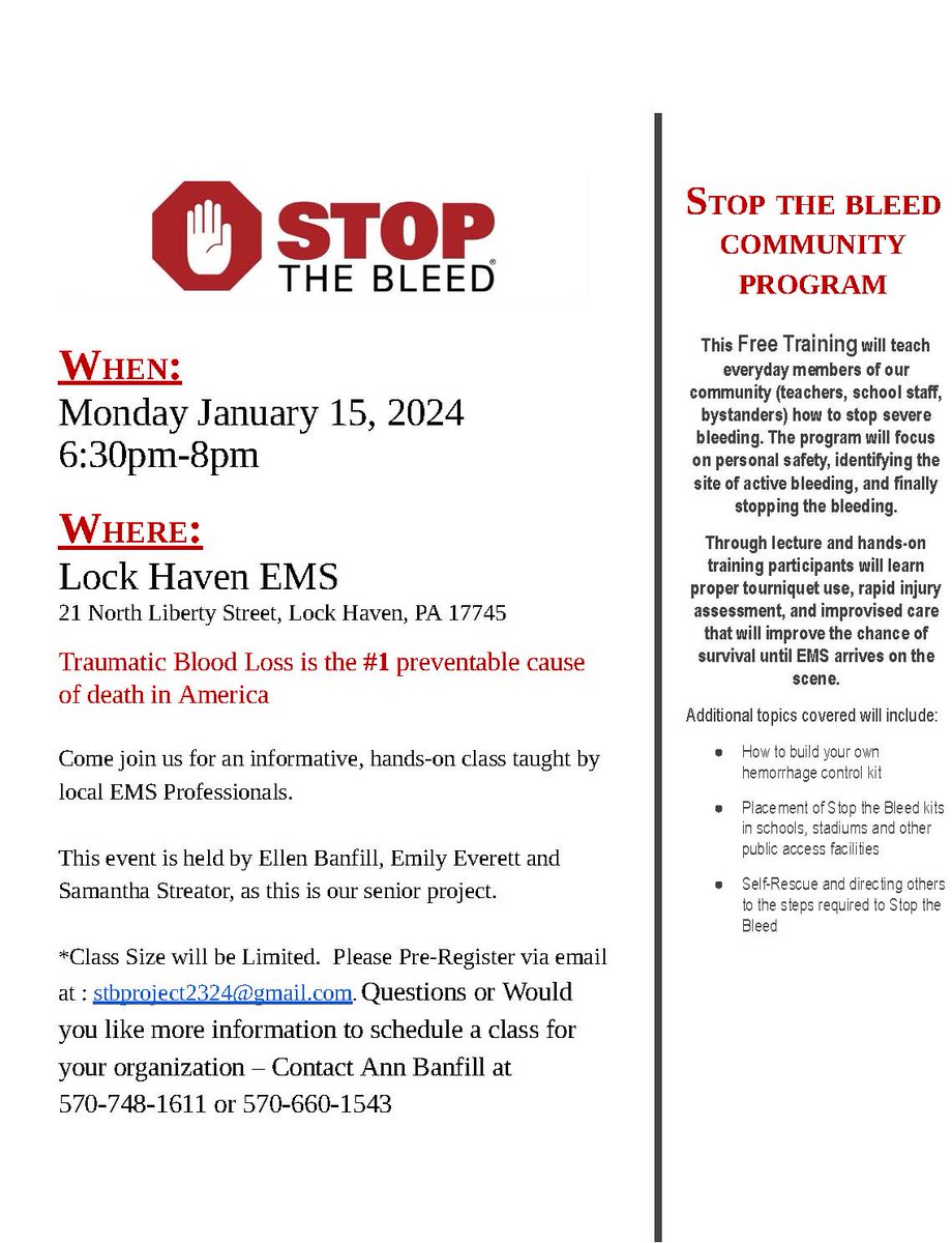 Please join us Monday, January 15, 2024 for a FREE Stop the Bleed Training. Details on the flyer below. 👇  #KCSDproud