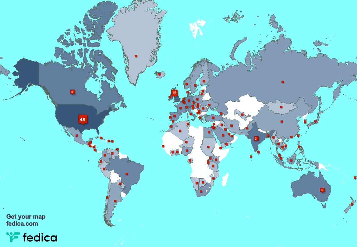According to fedica.com/!tom_howarth, you come from 110 countries
1. USA (49%) 🇺🇸
2. UK. (15%) 🇬🇧
3. India (5%) 🇮🇳

Can you see your country?