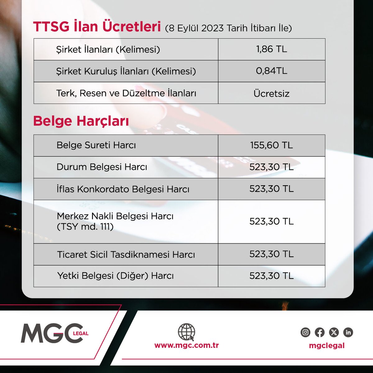 mgc_legal's tweet photo. İstanbul Ticaret Odasının internet sitesinde 2024 Yılı Ticaret Sicili Tescil Başvuruları bedellerine ilişkin bilgiler yayınlanmıştır.
#İTO #TSTB #Ticaret #Sicil #Tescil #TicaretOdası #Ücret https://t.co/VnCh2NG8yd