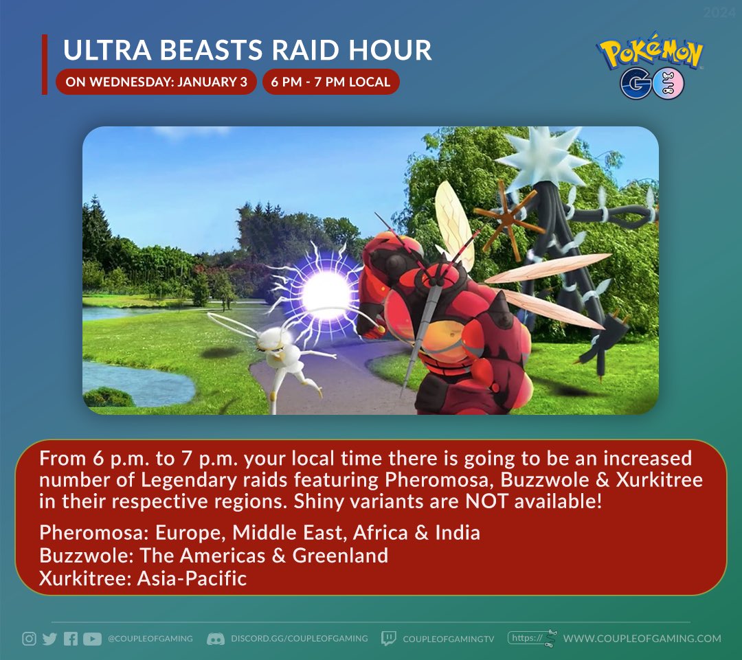 coupleofgaming's tweet photo. Today #Pheromosa, #Buzzwole & #Xurkitree will get a #LegendaryRaidHour in their respective regions! 🌐
We will be hosting Pheromosa raids over on https://t.co/tkHWv8iPVs for those that need it 🙋🏼♂️🙋🏼♀️
#PokemonGO https://t.co/peHRwgPfJ2