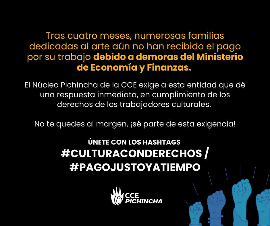 CCE_Pichincha's tweet photo. #IMPORTANTE | Son cuatro meses de retraso en el pago a artistas por parte del Ministerio de Finanzas.
Desde el Núcleo Pichincha exhortamos a que la entidad de una respuesta inmediata. #culturaconderechos y #pagojustoyatiempo
@finanzas_ec @culturaypatrimonioec https://t.co/09uHHL2QgP