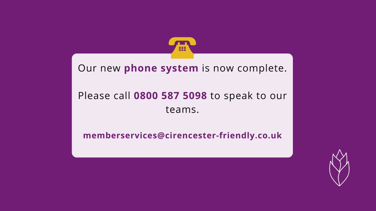 Cirencester Friendly (@ciren_friendly) on Twitter photo We are pleased to inform you that the work on our new phone system is complete.
You can contact us on 0800 587 5098. If you are still experiencing issues getting through, please email memberservices@cirencester-friendly.co.uk with your details, and we will contact you. We are pleased to inform you that the work on our new phone system is complete.
You can contact us on 0800 587 5098. If you are still experiencing issues getting through, please email memberservices@cirencester-friendly.co.uk with your details, and we will contact you.
