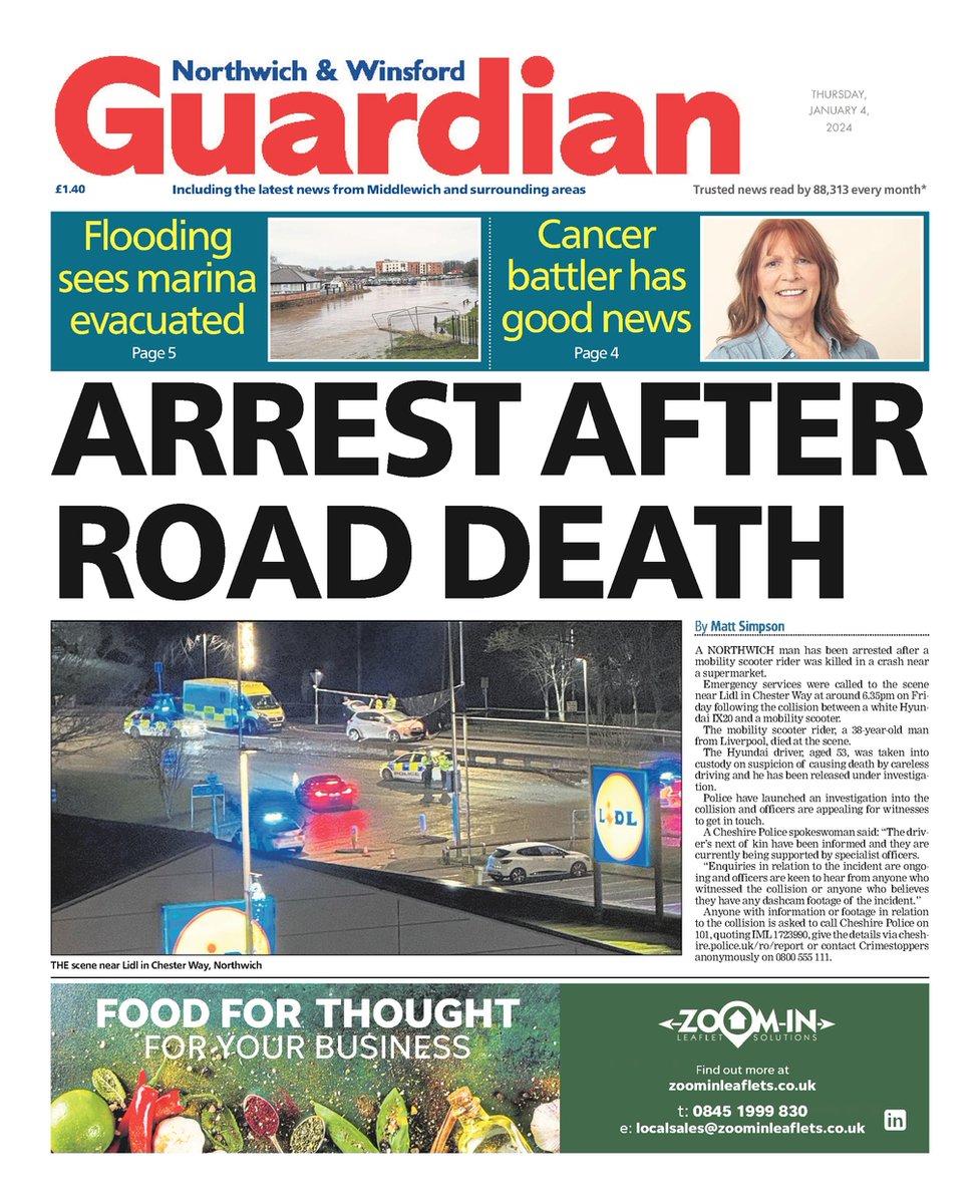 Front page of this week's Northwich &amp; Winsford Guardian on sale Thursday📰   

Arrest after road death

#TomorrowsPapersToday #Cheshire #Newsquest #LocalNews #BuyAPaper #LocalNewsMatters #Northwich #Winsford #Middlewich #StormGerrit #StormHenk