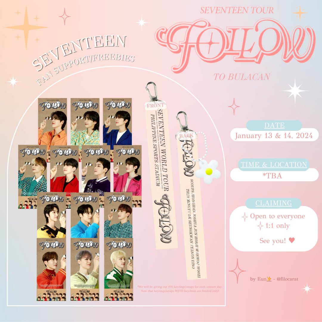 FiloCarat's tweet photo. Seventeen Follow to Bulacan Fan Freebies! 💎

· January 13 & 14, 2023
· Strictly 1:1 
· Time & exact location details will be announced!

See you and enjoy the concert, CARATs! 🩷🩵

#SVT_TOUR_FOLLOW 
#FOLLOW_TO_BULACAN