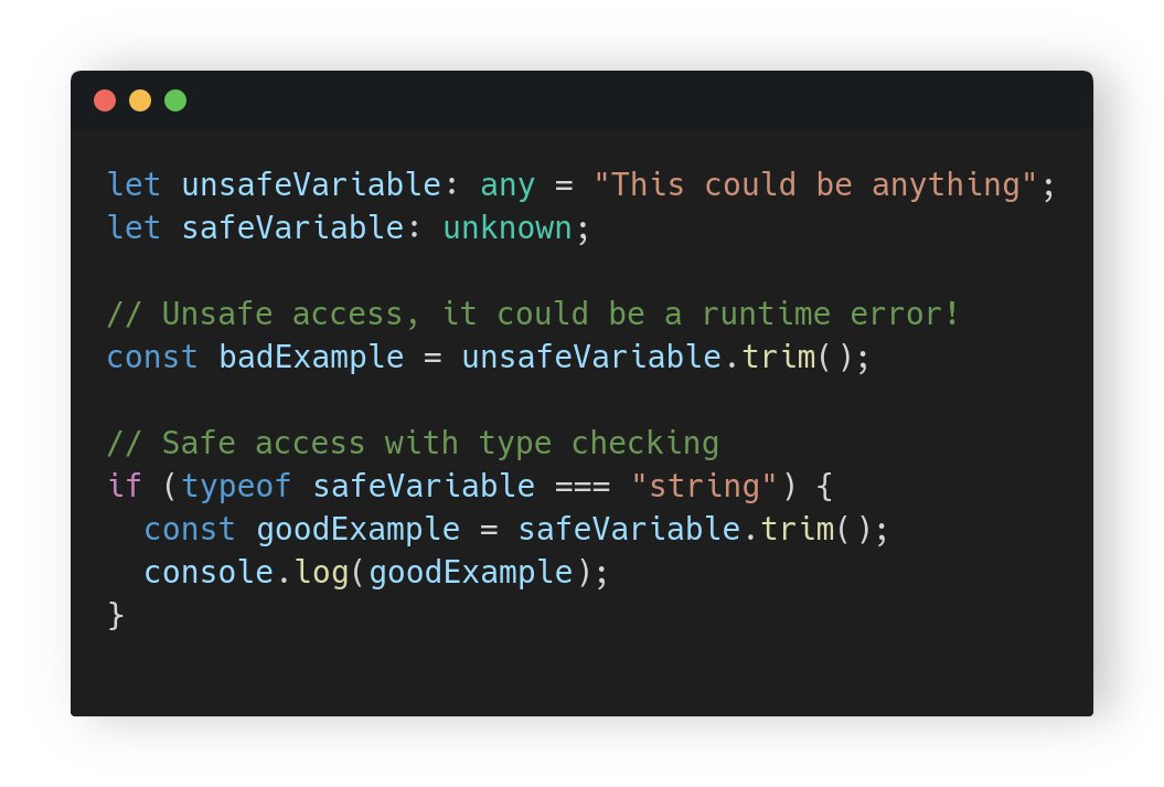 geezy_tim's tweet image. Just learned that #TypeScript&apos;s `unknown` type is a safer alternative to `any`. It forces you to do type-checking before using the variable. A big win for code reliability! 👌 Have you made the switch yet? #CodingTip #WebDevelopment #TypeSafety