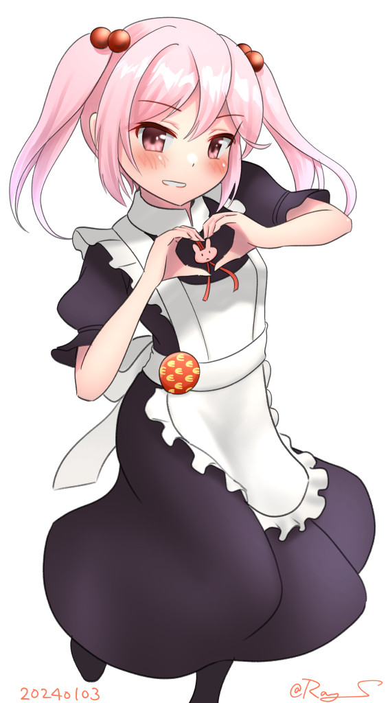 sazanami (kancolle) 1girl solo twintails heart hands pink hair apron hair bobbles  illustration images