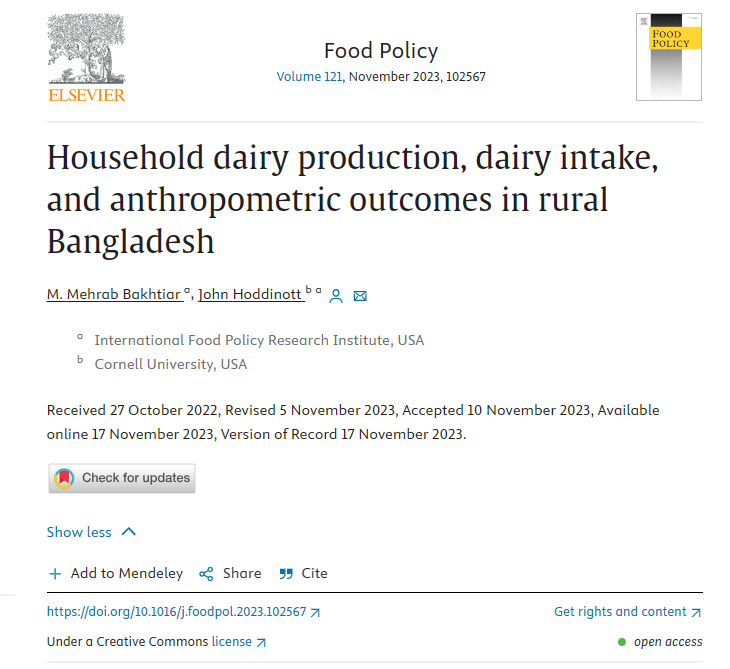 IFPRI's tweet photo. #NowReading: Household dairy production, dairy intake, and anthropometric outcomes in rural Bangladesh

By M. Mehrab Bakhtiar and John Hoddinott

https://t.co/dulS7q2PkL

@CGIAR @IFPRIBangladesh #childnutrition #foodconsumption #stunting https://t.co/MtLEiOj9v9