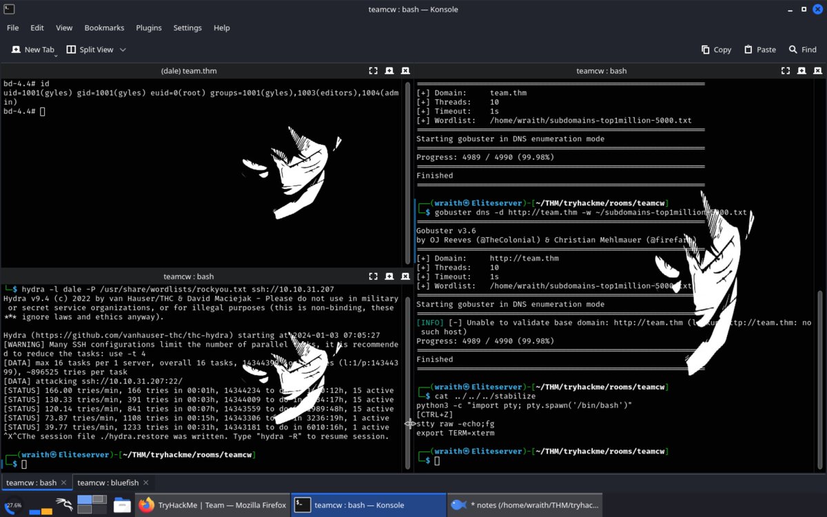 _Wraith6's tweet image. Team - I have just completed this room! Check it out: tryhackme.com/room/teamcw #tryhackme #security #boot2root #Enumeration #Misconfiguration #LFI #teamcw via @realtryhackme