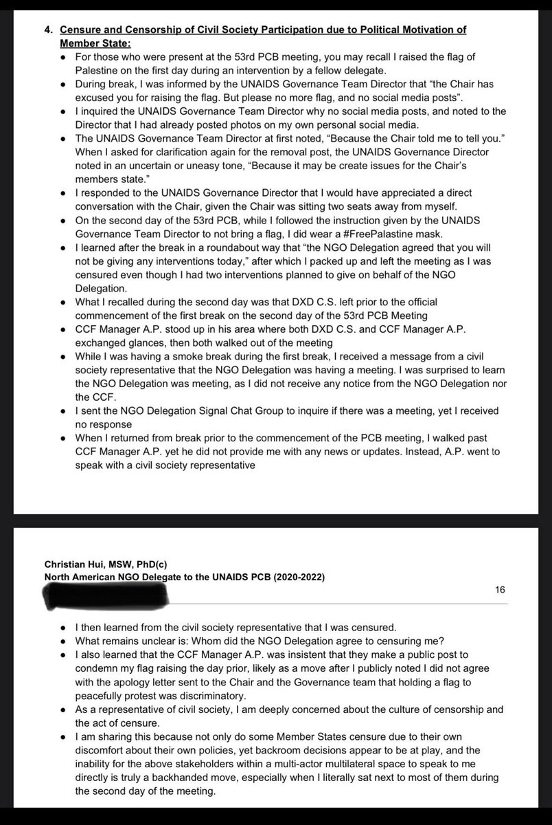 AsChui_108's tweet photo. @UNAIDS #EthicsOffice, can you please address Grievance Area 4 where I raised concerns about #censorship &amp; #censuring of #civilsociety #NGO representative after I raised a #Palestine 🇵🇸💗🍉 flag on the first day and wore a #FreePalestine🇵🇸💗🍉 mask on the second day of #PCB53? 🙏🏿 https://t.co/bnCRXCEHxD