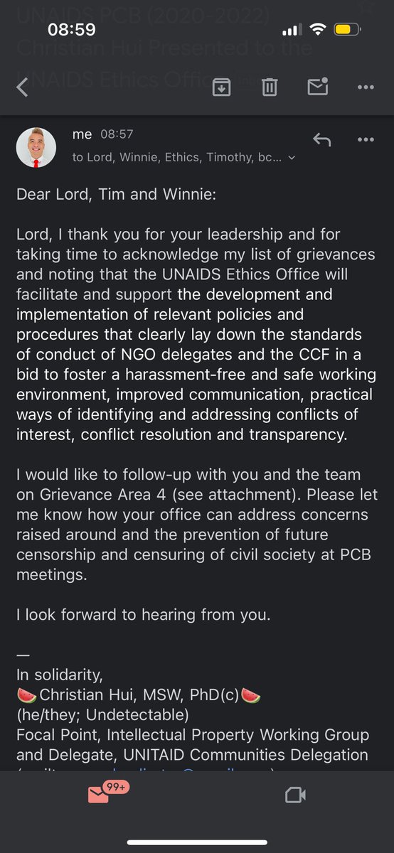 AsChui_108's tweet photo. @UNAIDS #EthicsOffice, can you please address Grievance Area 4 where I raised concerns about #censorship &amp; #censuring of #civilsociety #NGO representative after I raised a #Palestine 🇵🇸💗🍉 flag on the first day and wore a #FreePalestine🇵🇸💗🍉 mask on the second day of #PCB53? 🙏🏿 https://t.co/bnCRXCEHxD