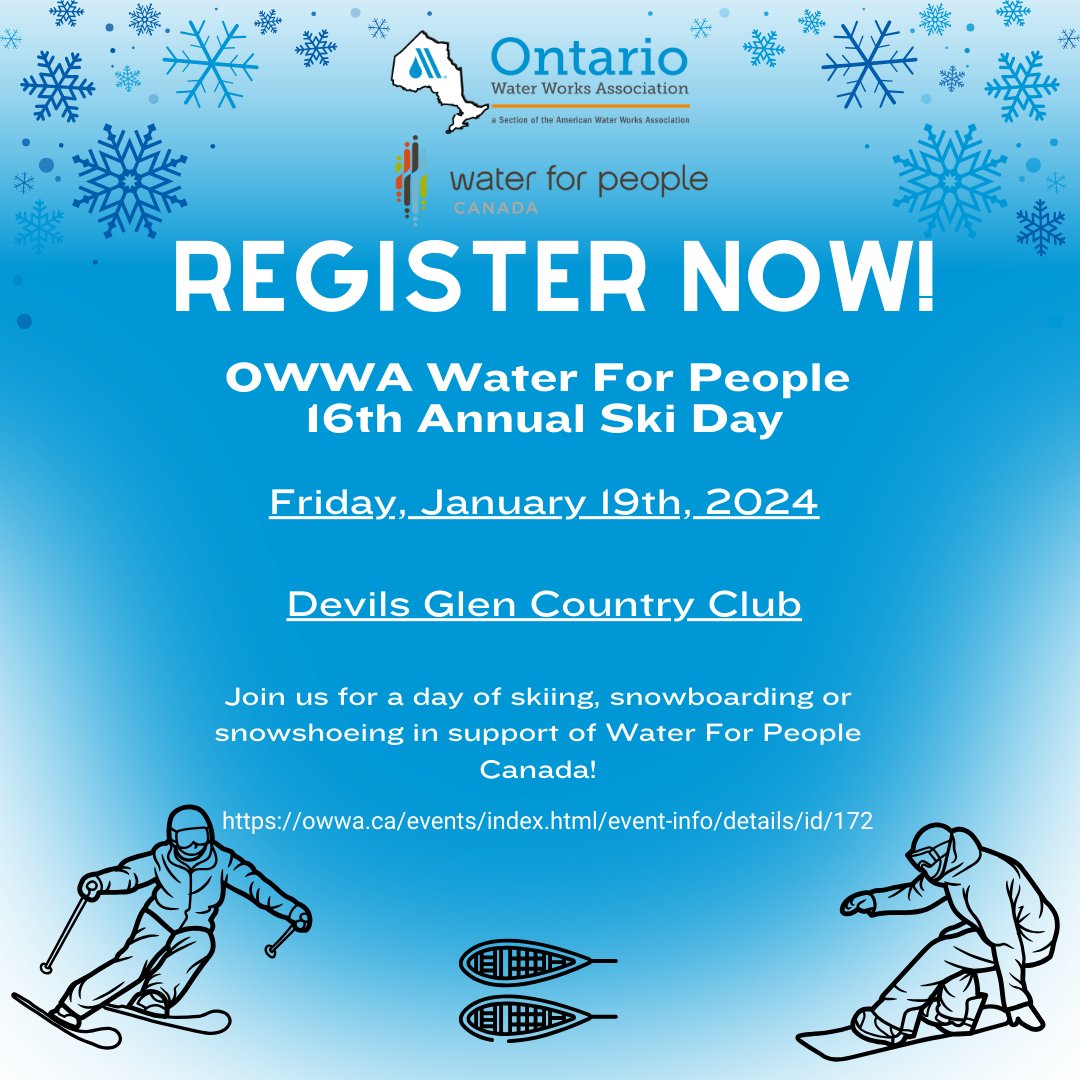 Registration is now open for the 16th Annual OWWA Water For People Ski Day! On January 19, 2024 at Devil's Glen Country Club, join us for a day of Skiing, Snowboarding, or Snowshoeing in support of Water For People Canada! owwa.ca/events/index.h…
<a href="/WFP_CA/">Water For People-Canada</a> <a href="/OWWA_WFPCanada/">OWWA WFP-Canada</a>
