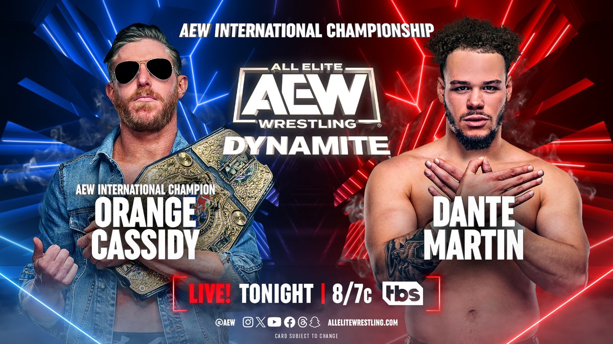 AEW's tweet photo. TONIGHT!

@PruCenter | https://t.co/UN1cNj1SFY
#AEWDynamite LIVE 8pm ET/7pm CT | TBS

#AEW International Title
Orange Cassidy (c) vs. Dante Martin

On the first #AEWDynamite of 2024, @lucha_angel1 will challenge #AEW International Champion @orangecassidy for the title! https://t.co/kASXRUOijj
