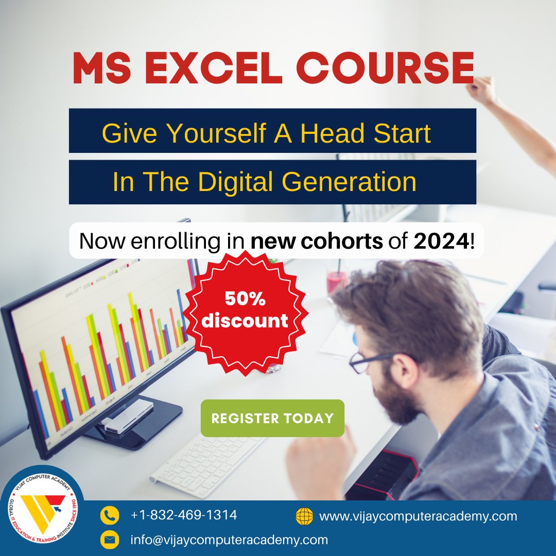 VCAGLOBALIT's tweet photo. 🚀 Enroll in our Excel and Advanced Excel courses at Vijay Computer Academy with a whopping 50% off the already discounted tuition. 
https://t.co/qUSnNpHrhb

#excel #itapprentice  #houstontx #advancedexcel #careerchange #giveawayusa #ITcourses #learnexceltips  #learnexcel https://t.co/HotGFIBCnh